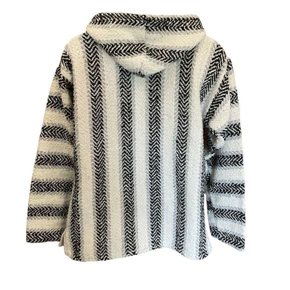 Earth Ragz Hoodie Unisex Black White Striped Baja Pullover Size Medium - Picture 3 of 12